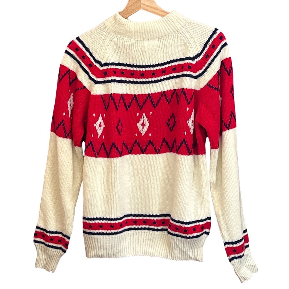 Vintage Turn Fair Isle Sweater Mock Neck Red Cream Blue Geometric Pattern Size M